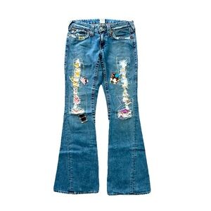 True Religion VTG Y2K Woodstock Jeans Boho Flare Womens Sz 29 Patchwork LOW RISE